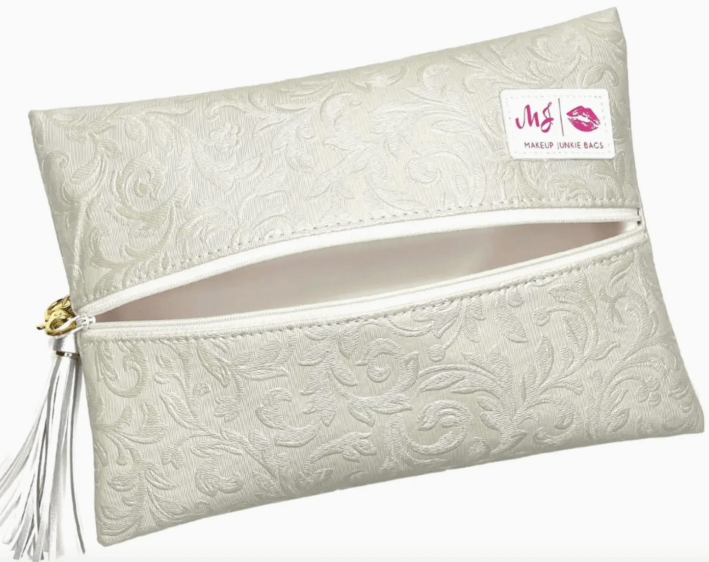 "Florence" Ivory Jacquard Fabric Makeup Bag - Whiskey Skies - MAKEUP JUNKIE BAGS