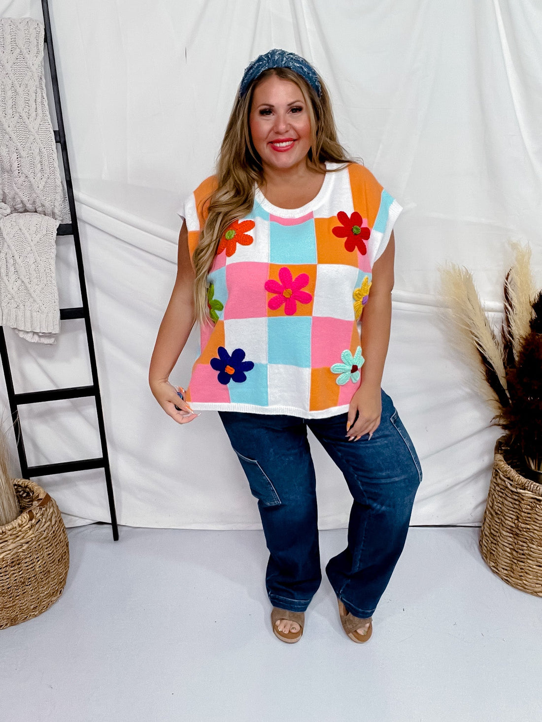 Flower Patch Multi Color Checker Sweater Vest - Whiskey Skies - BIBI