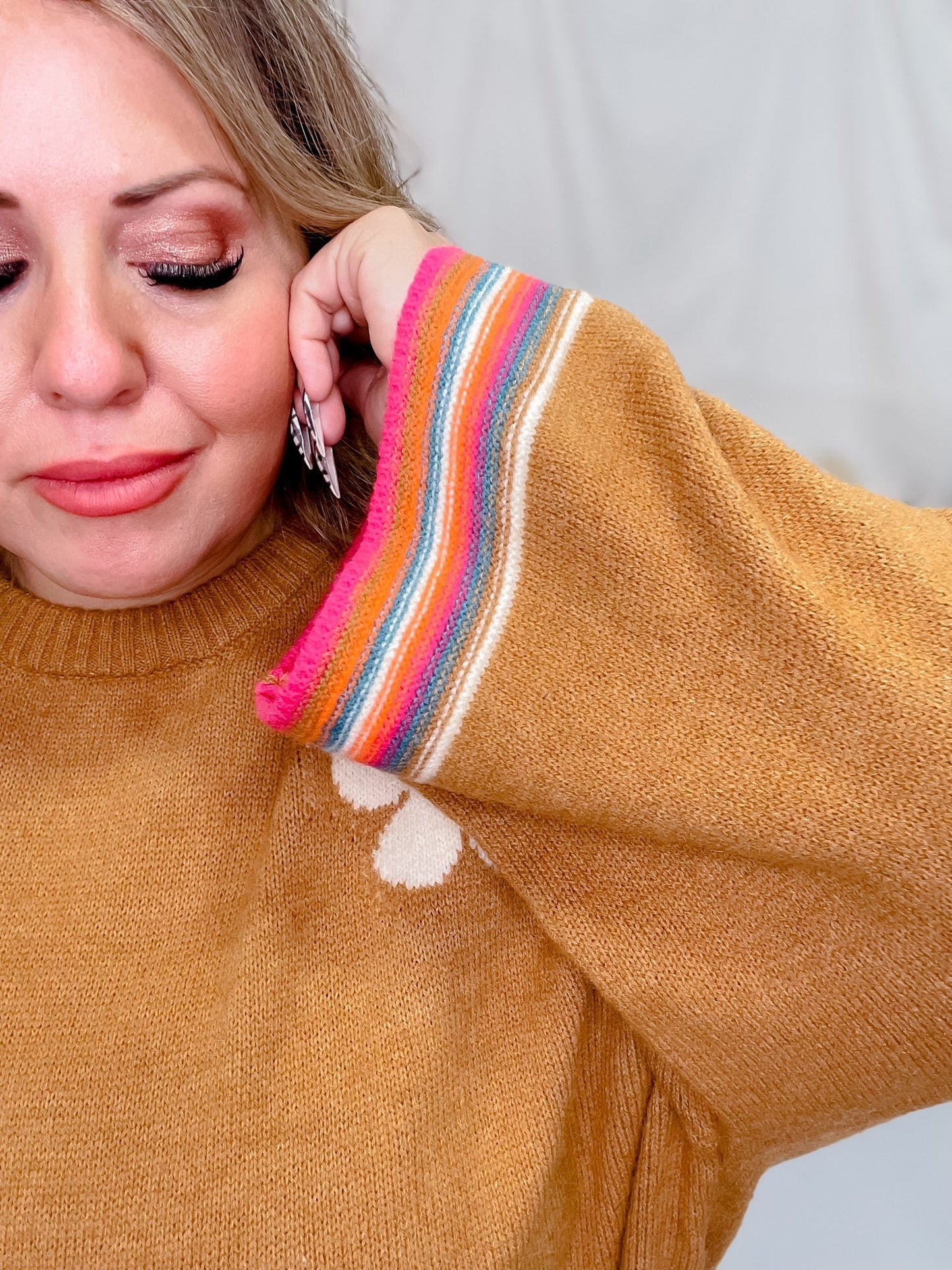 Flower Pattern 3/4 Wide Sleeve Knit Sweater - Whiskey Skies - EASEL