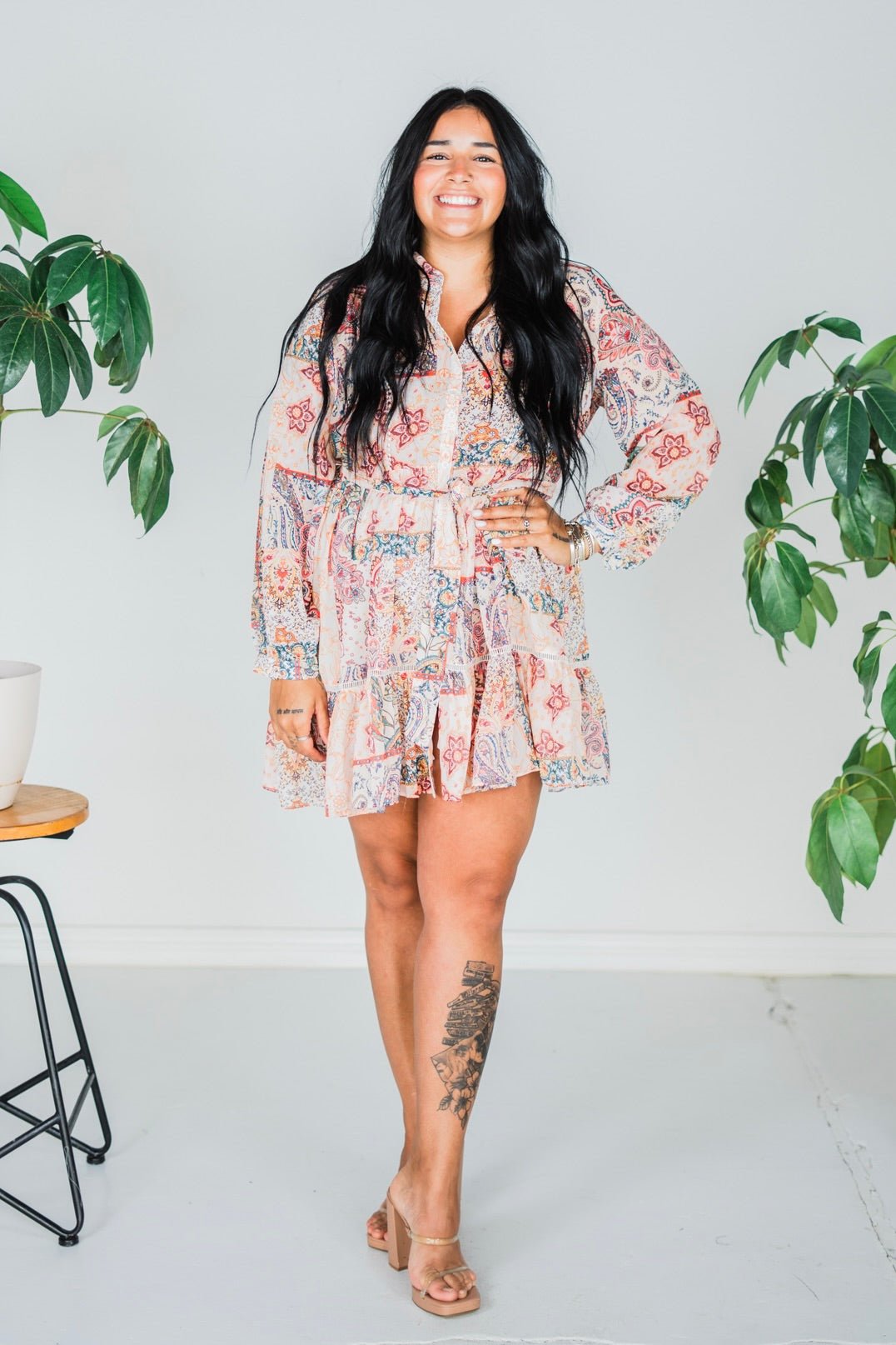 Flower Print Long Sleeve Shirt Dress - Whiskey Skies - SWEET GENERIS