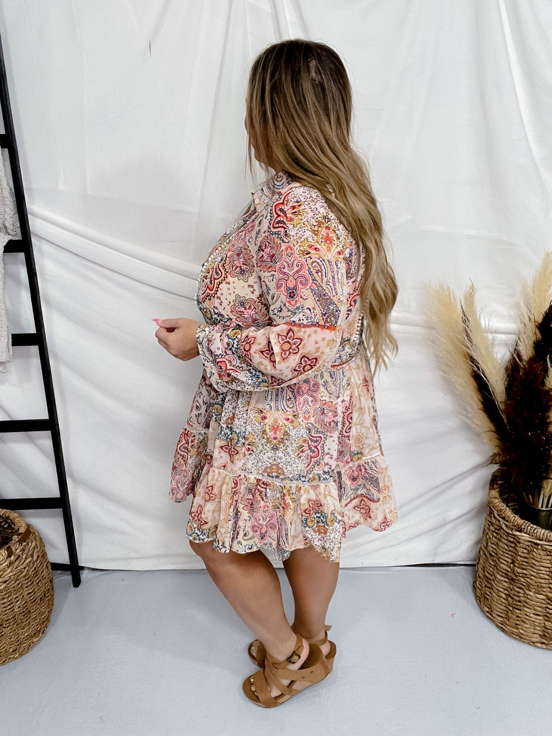 Flower Print Long Sleeve Shirt Dress - Whiskey Skies - SWEET GENERIS