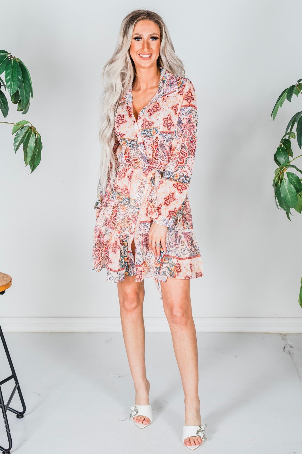 Flower Print Long Sleeve Shirt Dress - Whiskey Skies - SWEET GENERIS