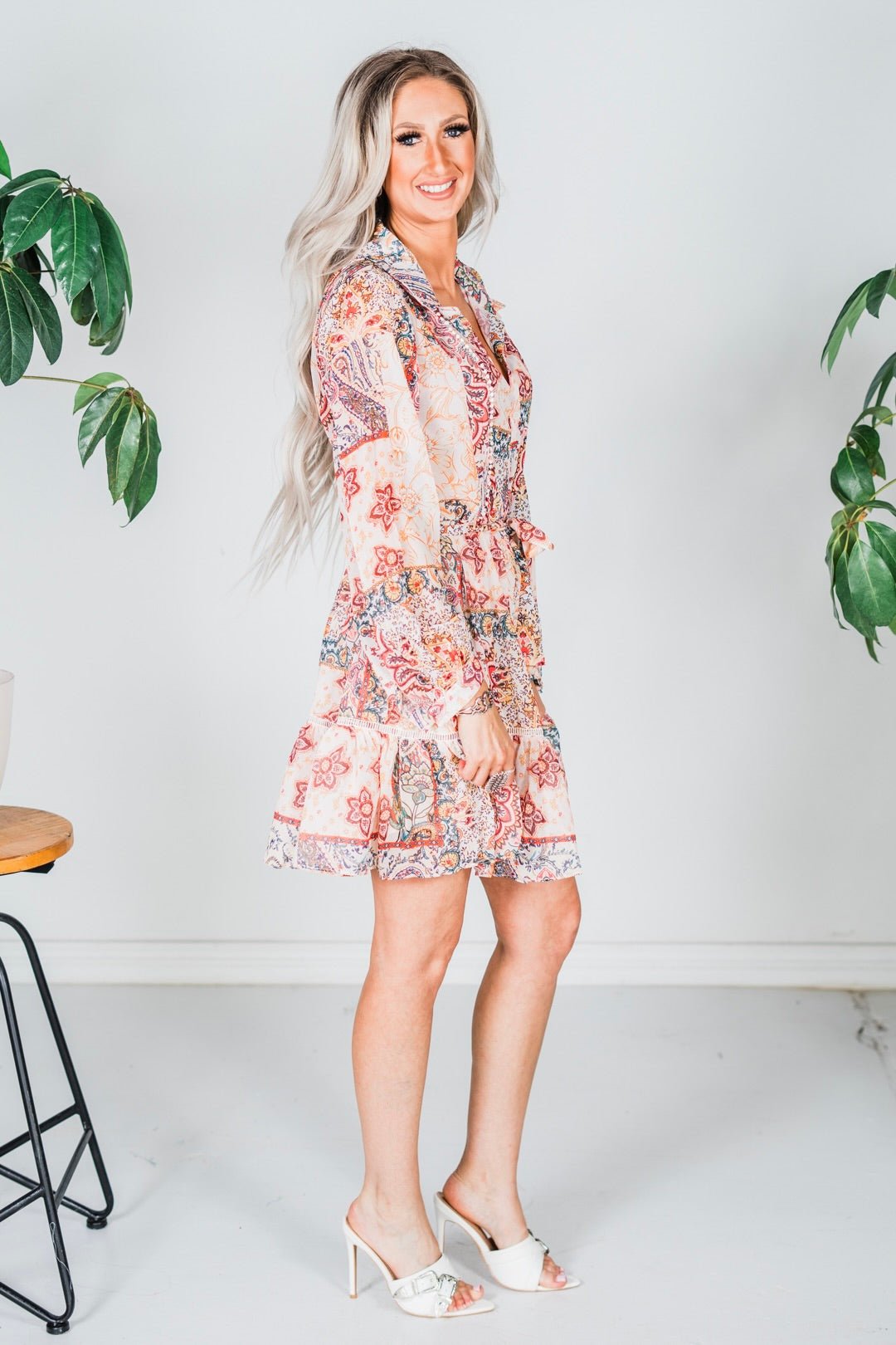 Flower Print Long Sleeve Shirt Dress - Whiskey Skies - SWEET GENERIS