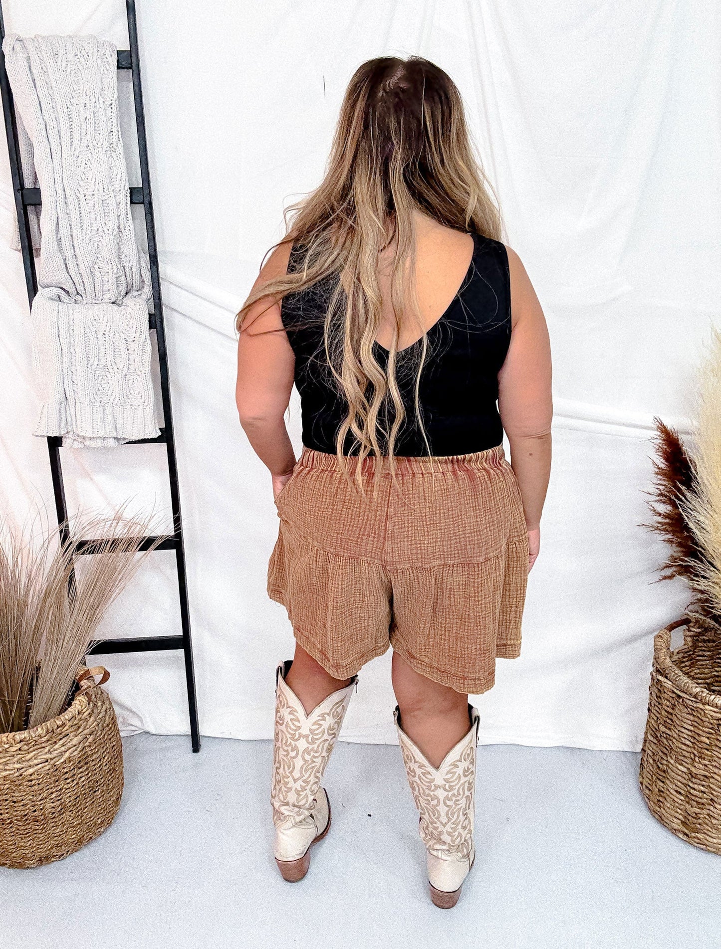 Flowy Western Chic "Range Riders" Saddle Colored Shorts - Whiskey Skies - 2 FLY CO.