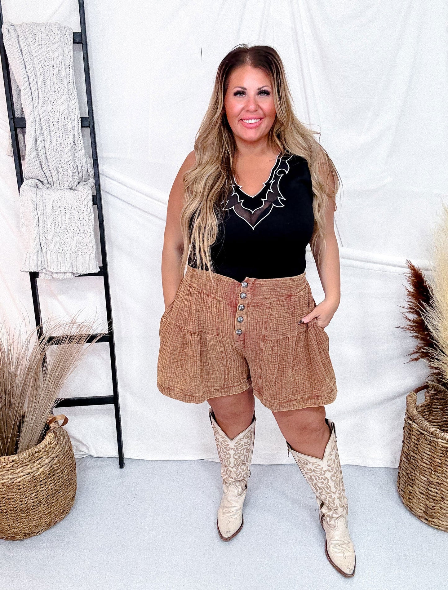 Flowy Western Chic "Range Riders" Saddle Colored Shorts - Whiskey Skies - 2 FLY CO.