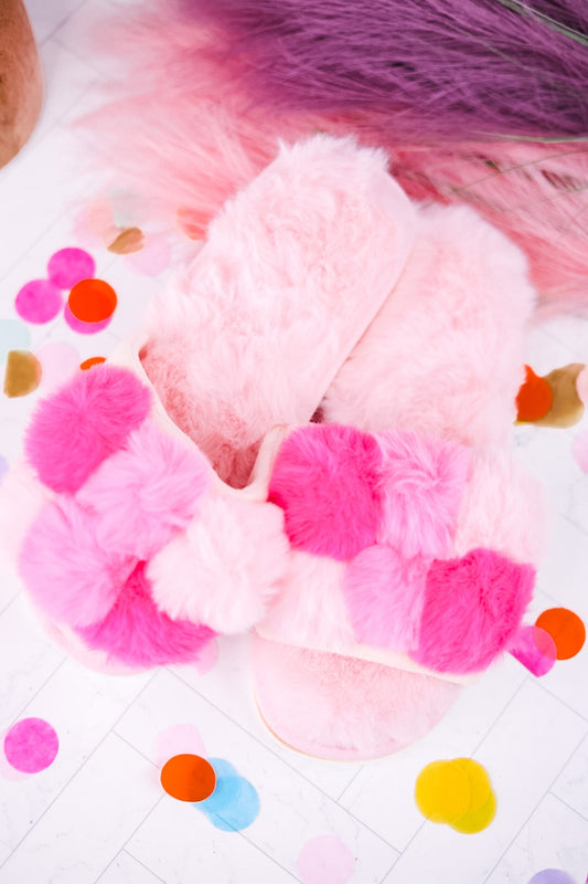 Fluffy Pink Pom Pom Slippers - Whiskey Skies - SHIRALEAH