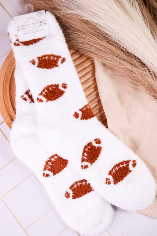 Football Print Fuzzy Crew Socks - Whiskey Skies - CRESCENT SOCK COMPANY