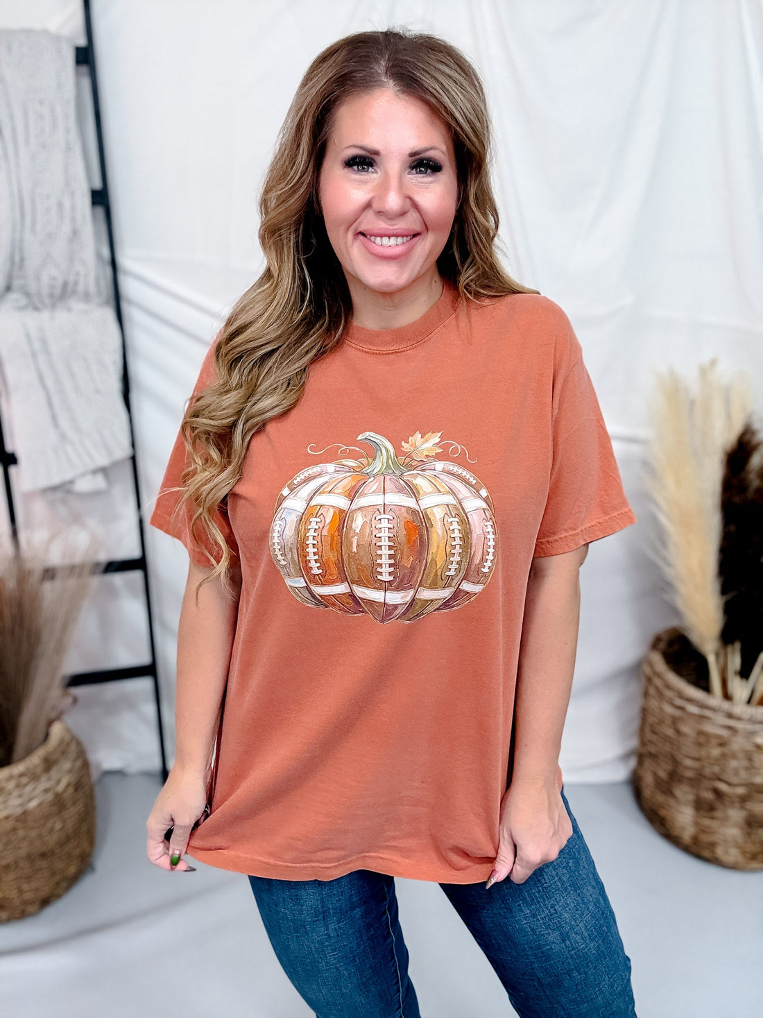 Football Pumpkin Short Sleeve Graphic Tee - Whiskey Skies - GLAIME