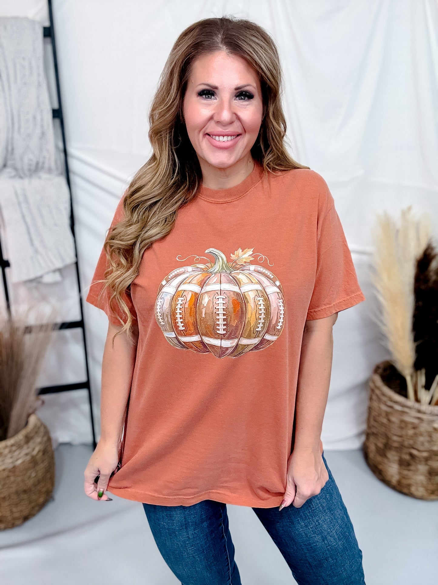 Football Pumpkin Short Sleeve Graphic Tee - Whiskey Skies - GLAIME