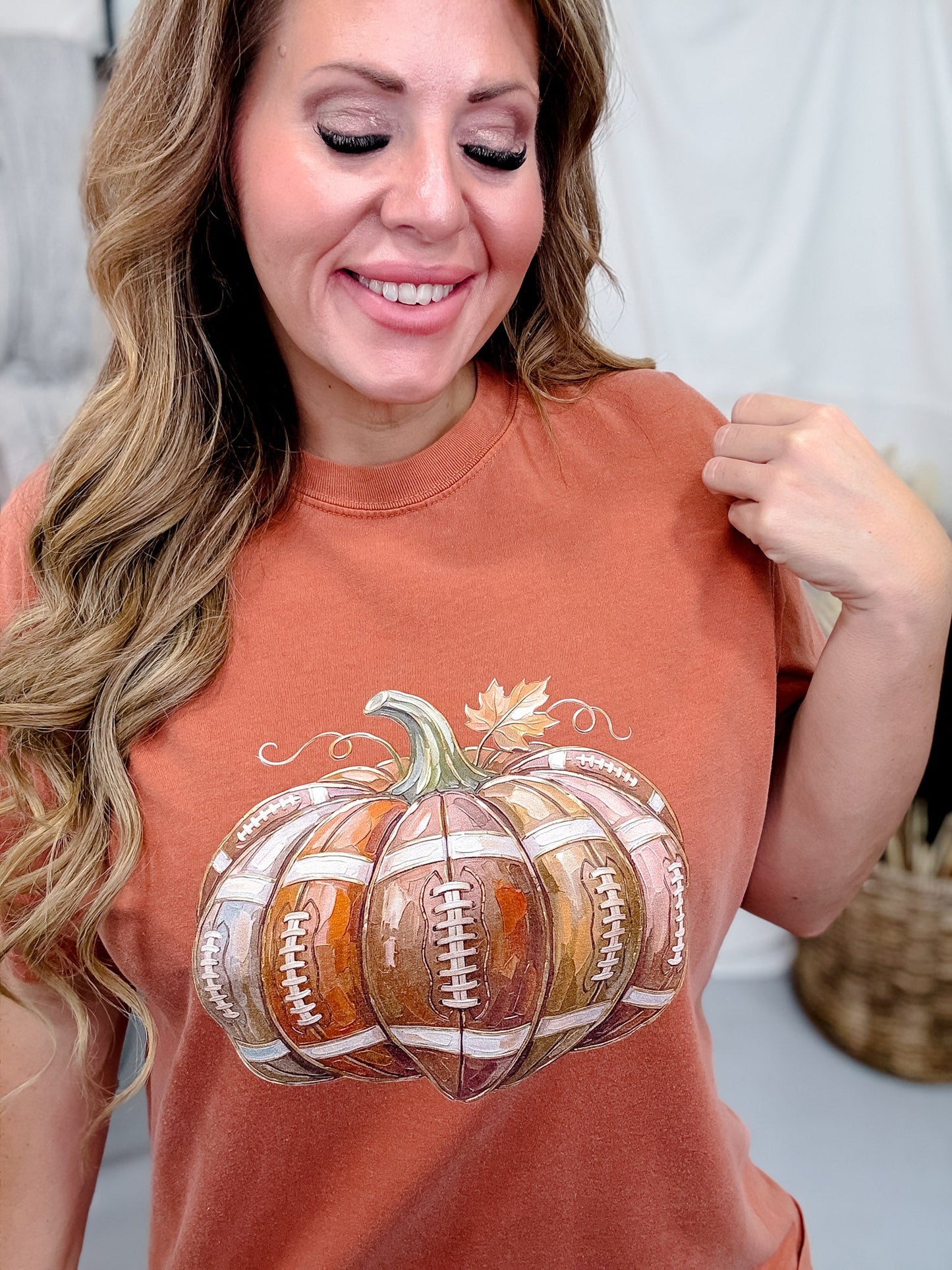 Football Pumpkin Short Sleeve Graphic Tee - Whiskey Skies - GLAIME