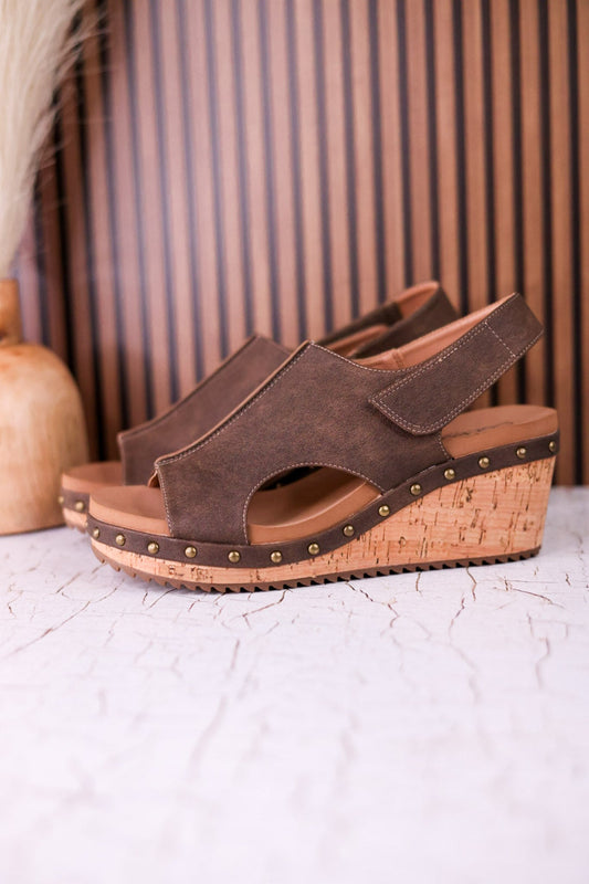 For Keeps Studded Wedges In Chocolate - Whiskey Skies - CORKYS FOOTWEAR