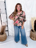 Forest Green Floral Top With Contrasting Cuffed Sleeves - Whiskey Skies - ODDI