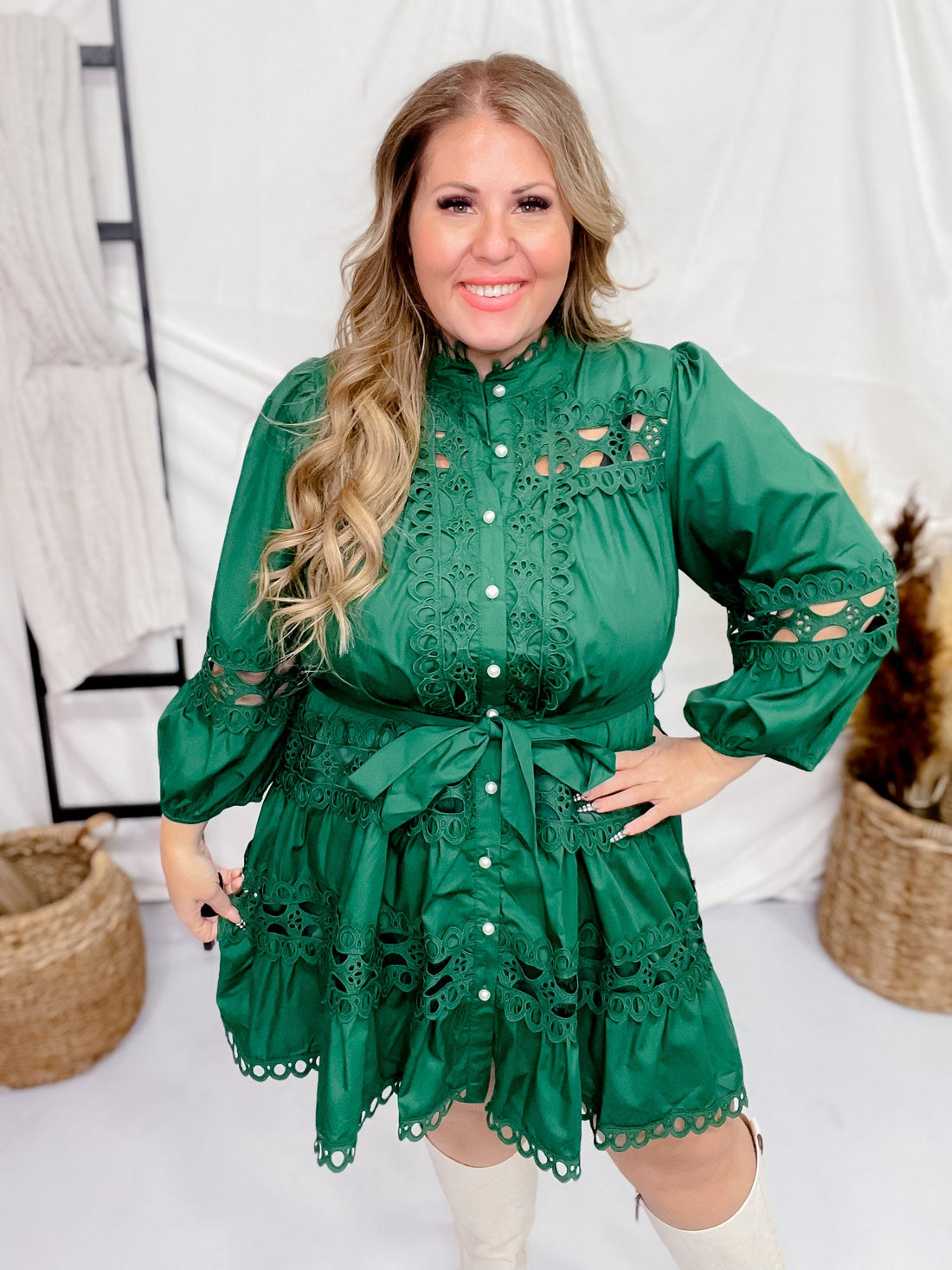 Forest Green Lace Trim Pearl Button Detail 3/4 Sleeve Dress - Whiskey Skies - ENTRO