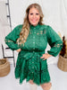 Forest Green Lace Trim Pearl Button Detail 3/4 Sleeve Dress - Whiskey Skies - ENTRO