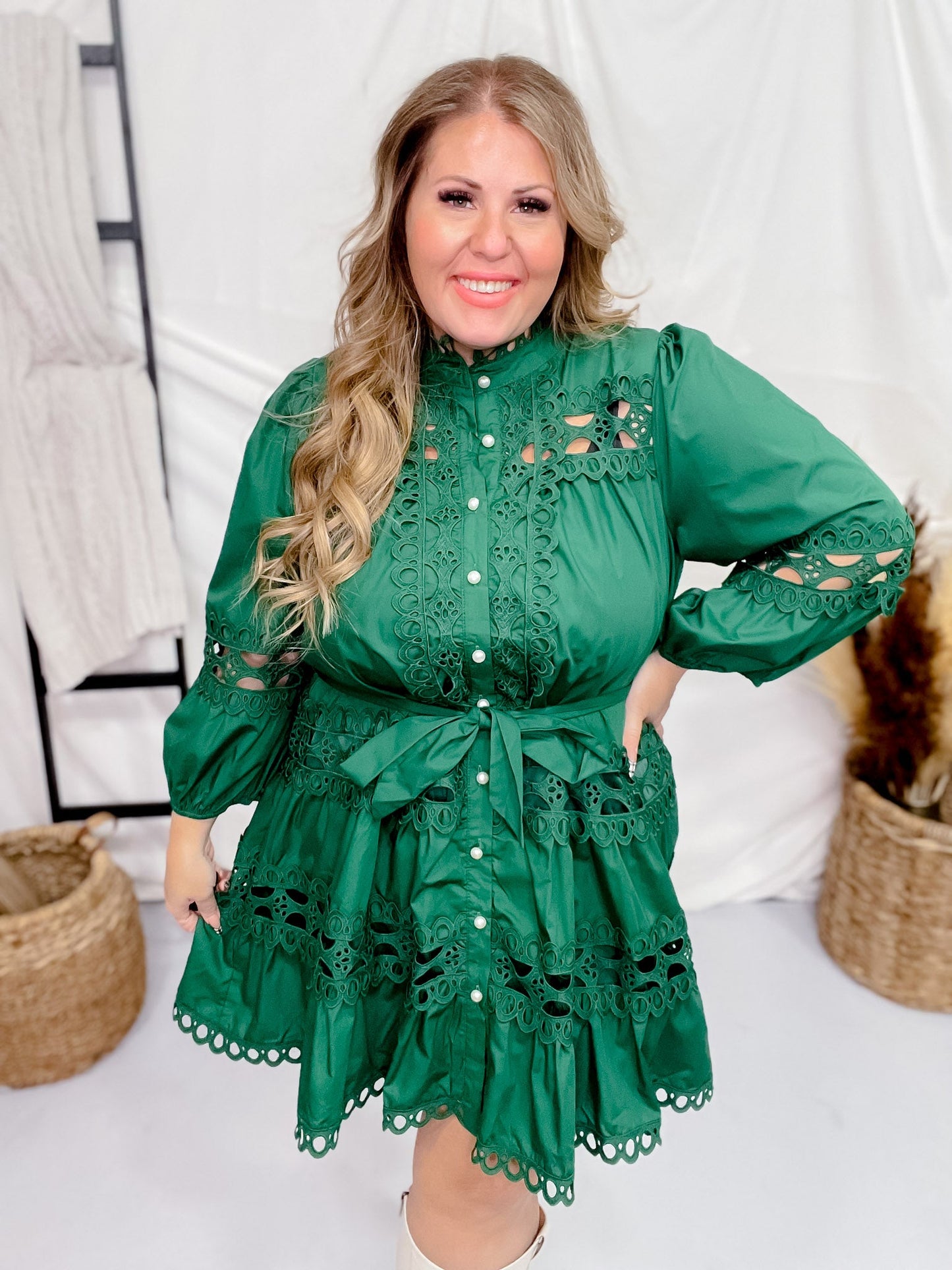 Forest Green Lace Trim Pearl Button Detail 3/4 Sleeve Dress - Whiskey Skies - ENTRO