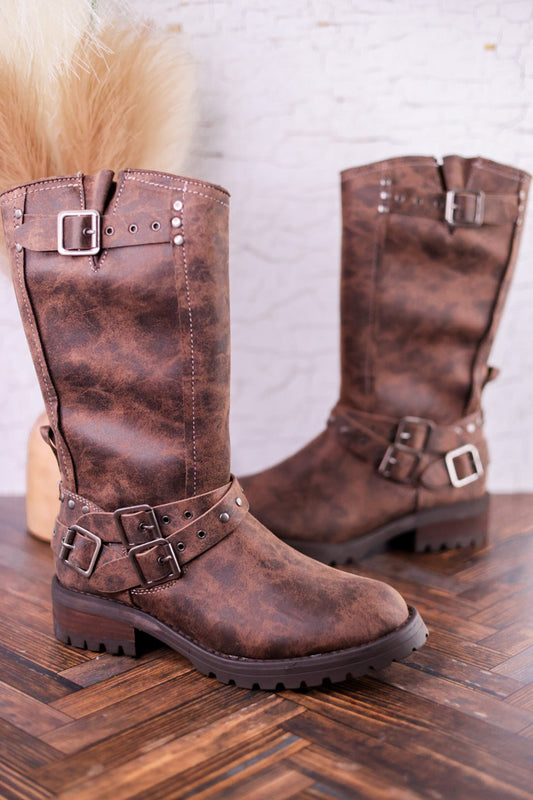 Forever Boots with Buckle Details in Chocolate Brown - Whiskey Skies - VERY G