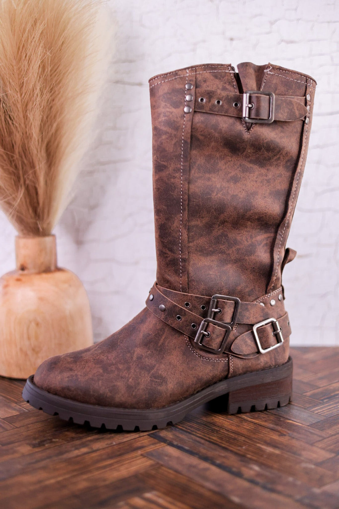 Forever Boots with Buckle Details in Chocolate Brown - Whiskey Skies - VERY G