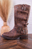 Forever Boots with Buckle Details in Chocolate Brown - Whiskey Skies - VERY G