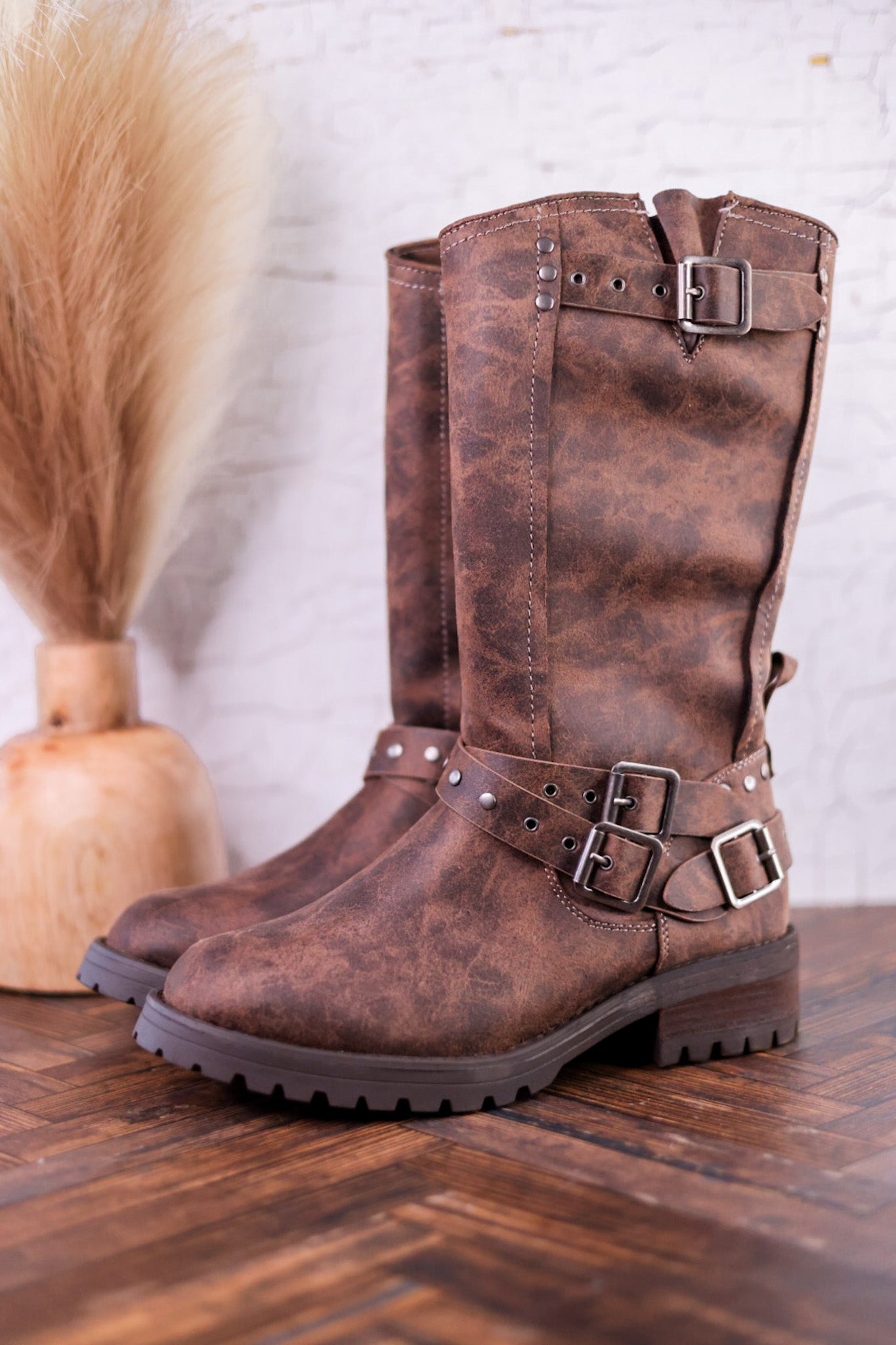 Forever Boots with Buckle Details in Chocolate Brown - Whiskey Skies - VERY G