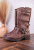 Forever Boots with Buckle Details in Chocolate Brown - Whiskey Skies - VERY G