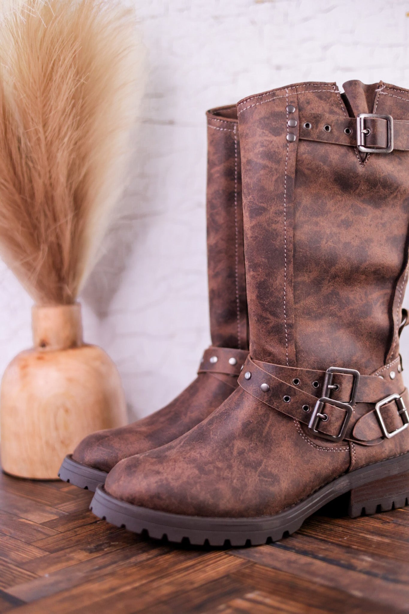 Forever Boots with Buckle Details in Chocolate Brown - Whiskey Skies - VERY G