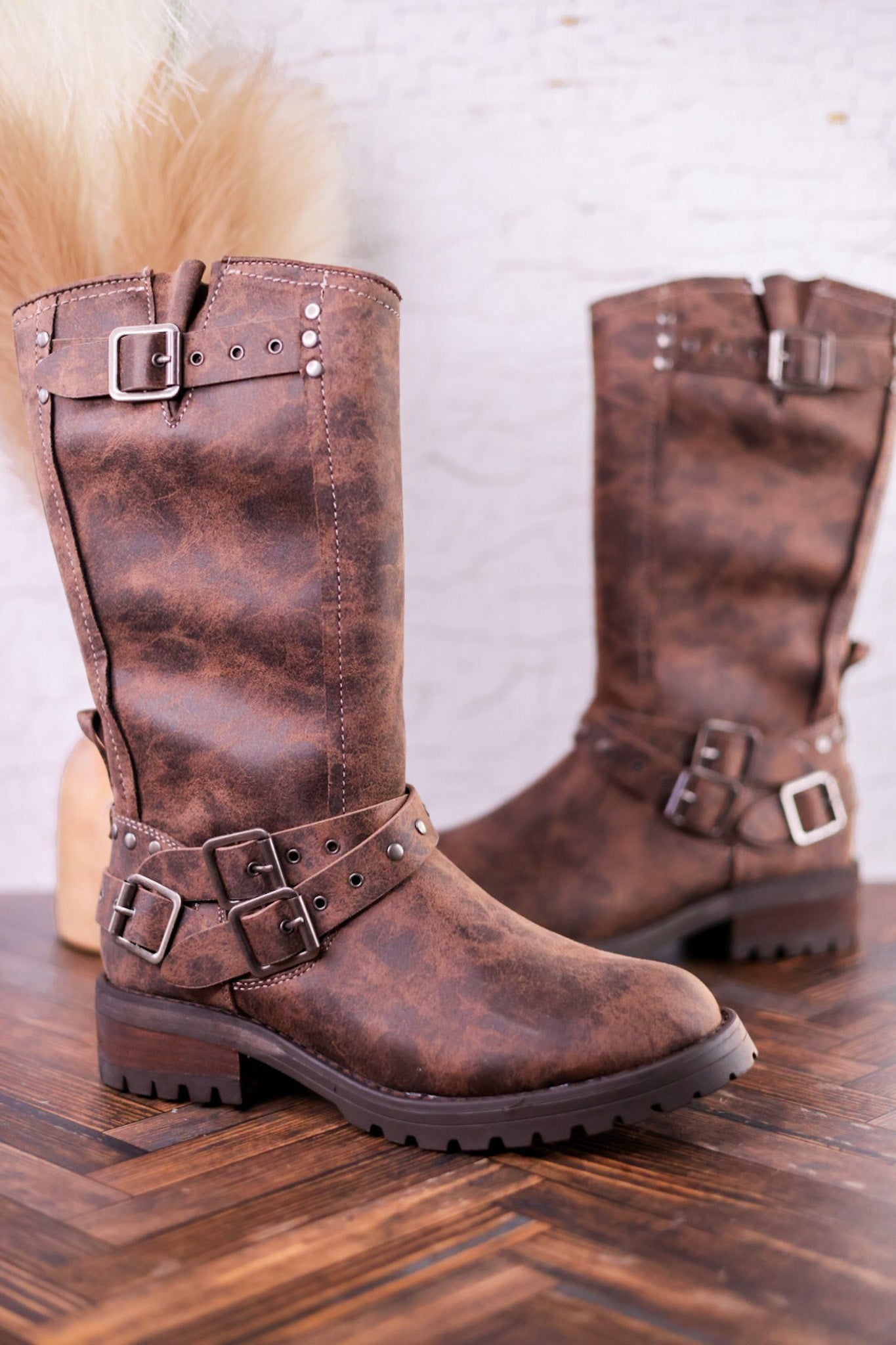 Forever Boots with Buckle Details in Chocolate Brown - Whiskey Skies - VERY G