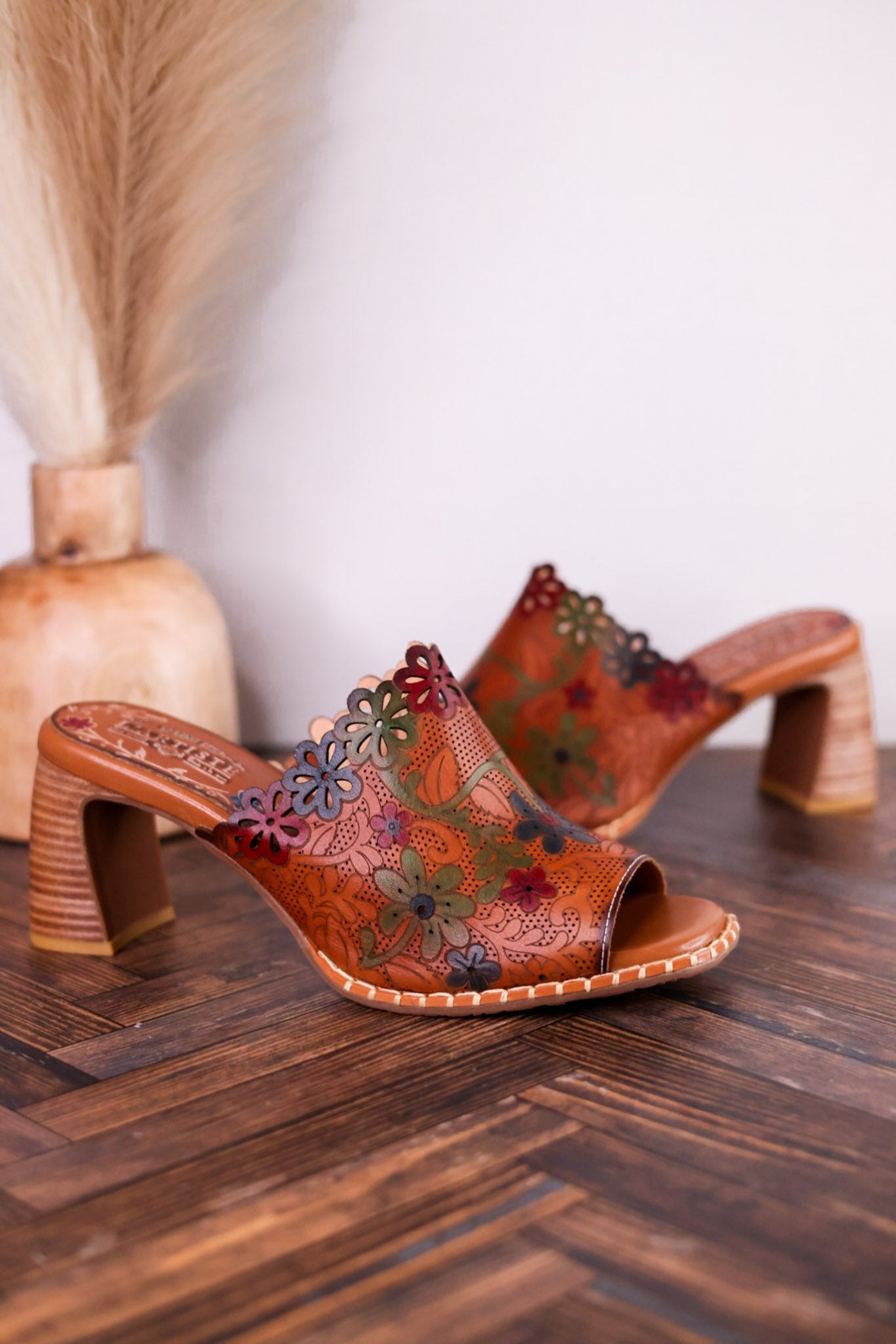 Foxxila Floral Embossed Blocky Heels - Whiskey Skies - SPRING FOOTWEAR