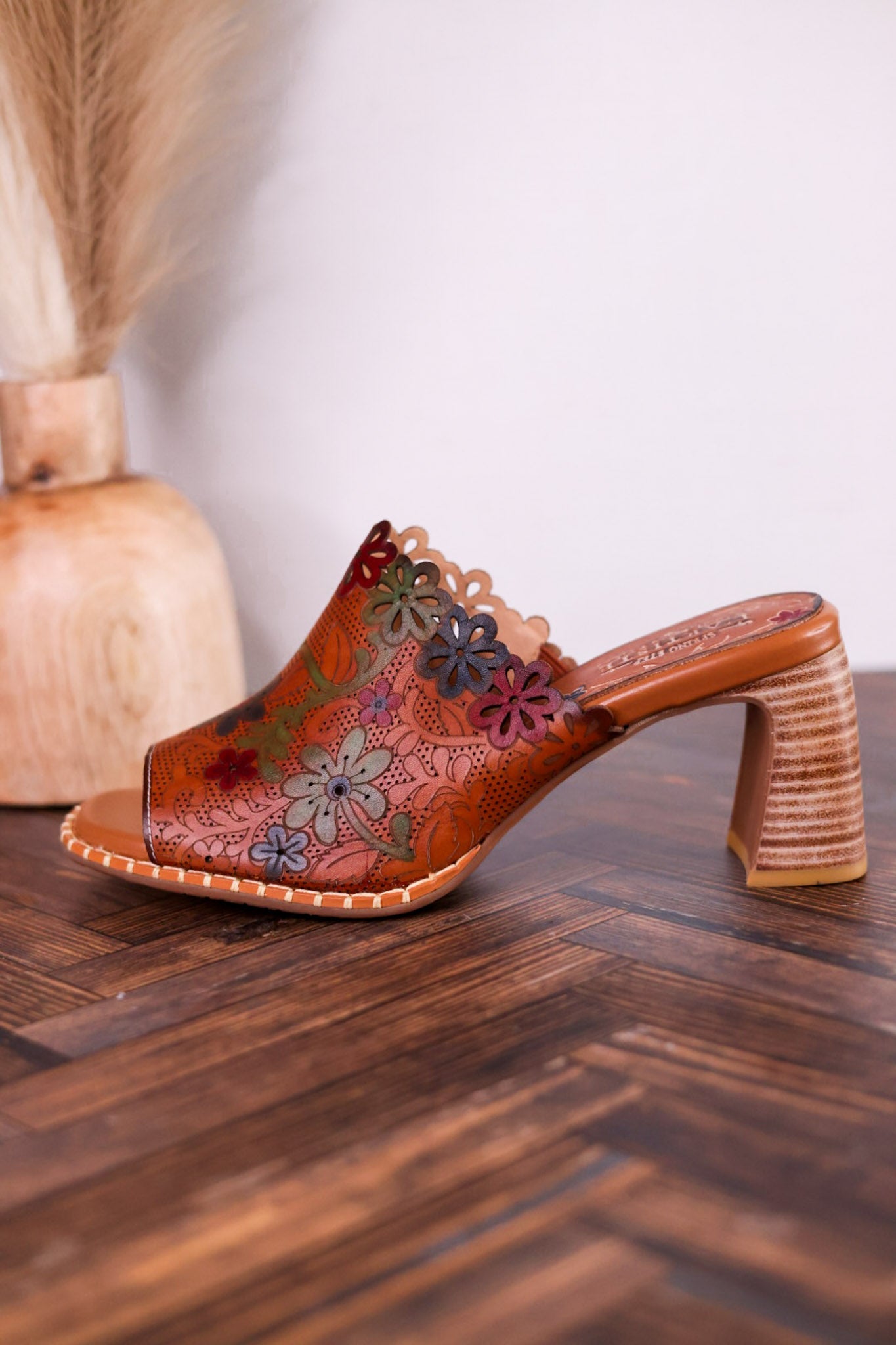 Foxxila Floral Embossed Blocky Heels - Whiskey Skies - SPRING FOOTWEAR