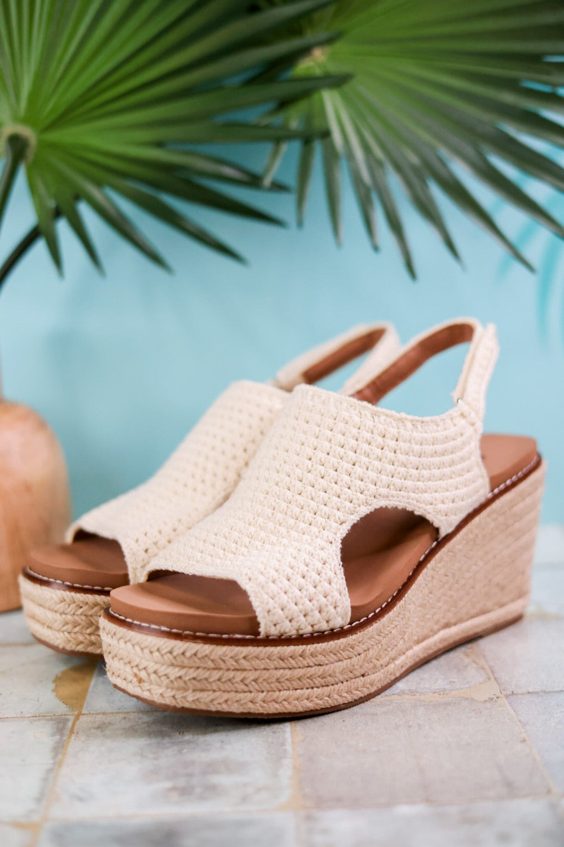 Freddie Natural Crochet Wedge Sandals - Whiskey Skies - CORKYS FOOTWEAR