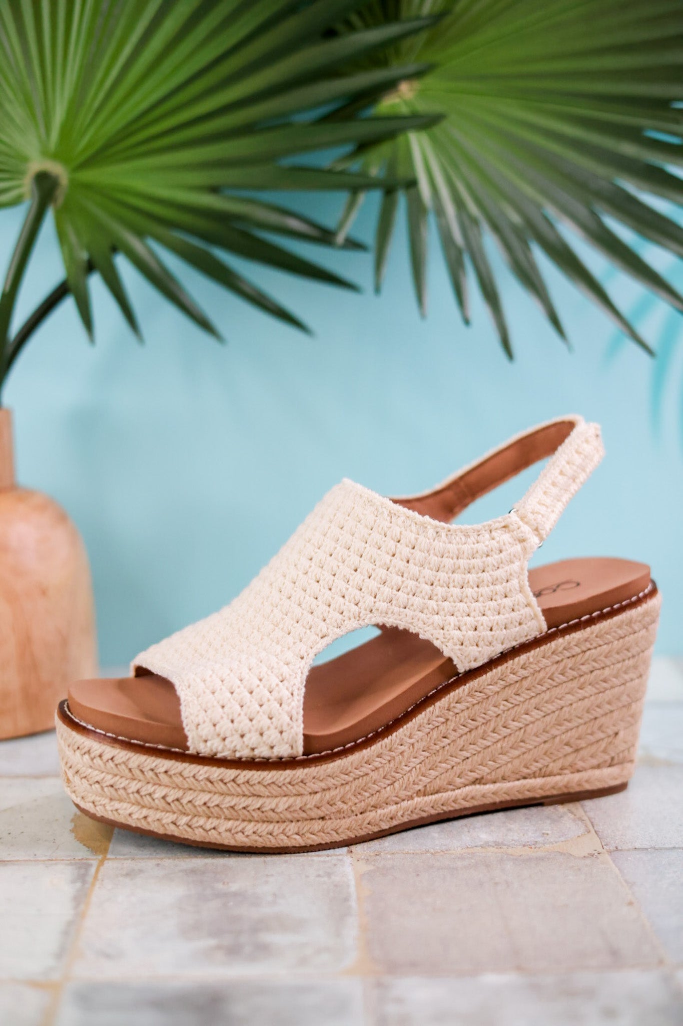 Freddie Natural Crochet Wedge Sandals - Whiskey Skies - CORKYS FOOTWEAR