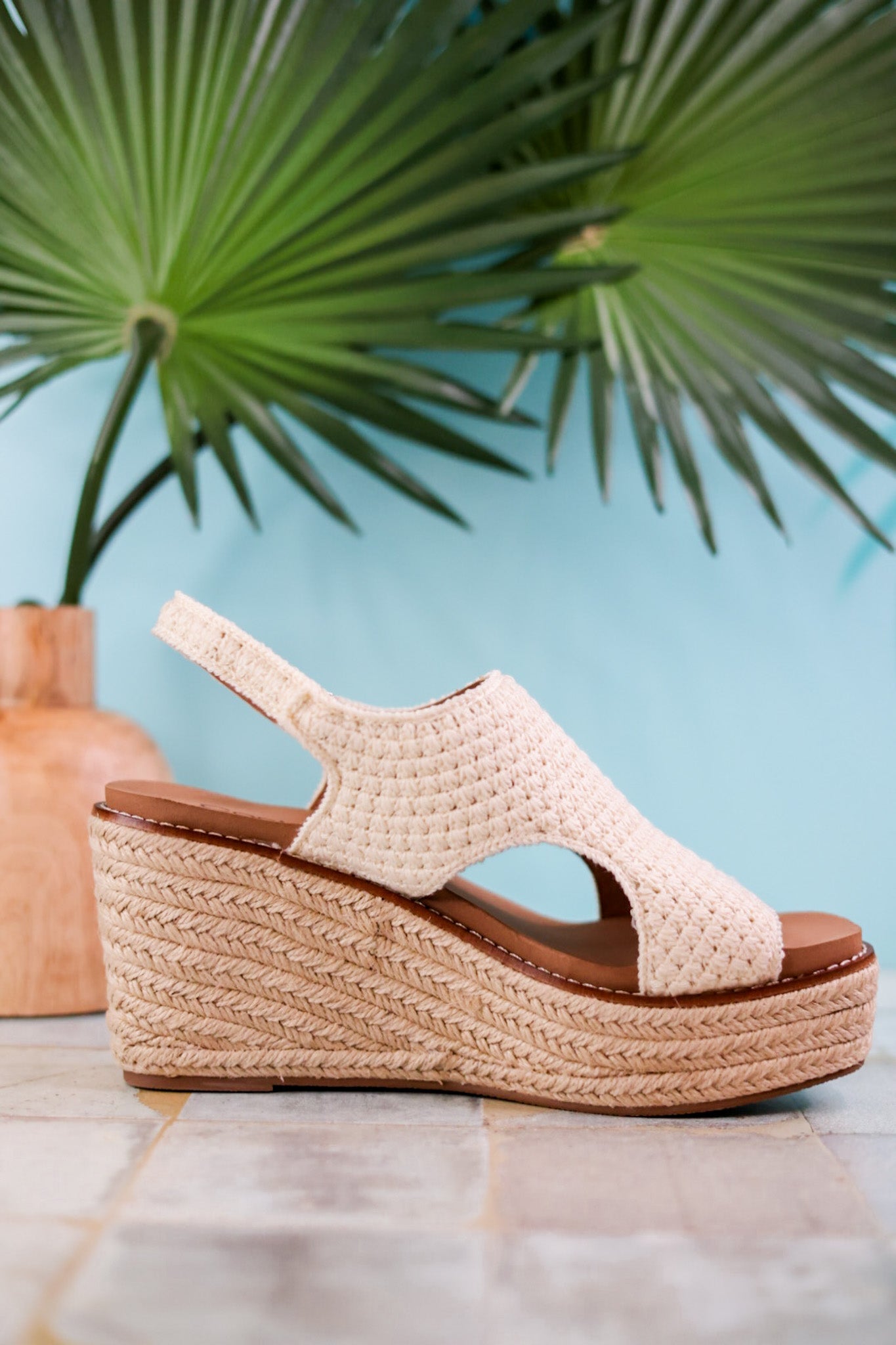 Freddie Natural Crochet Wedge Sandals - Whiskey Skies - CORKYS FOOTWEAR