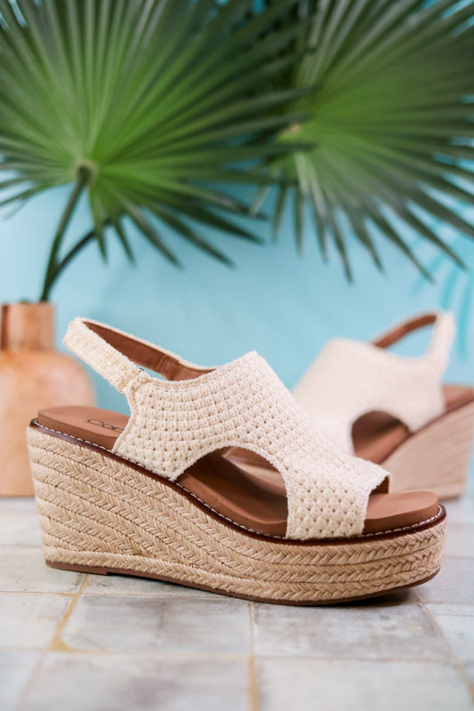 Freddie Natural Crochet Wedge Sandals - Whiskey Skies - CORKYS FOOTWEAR