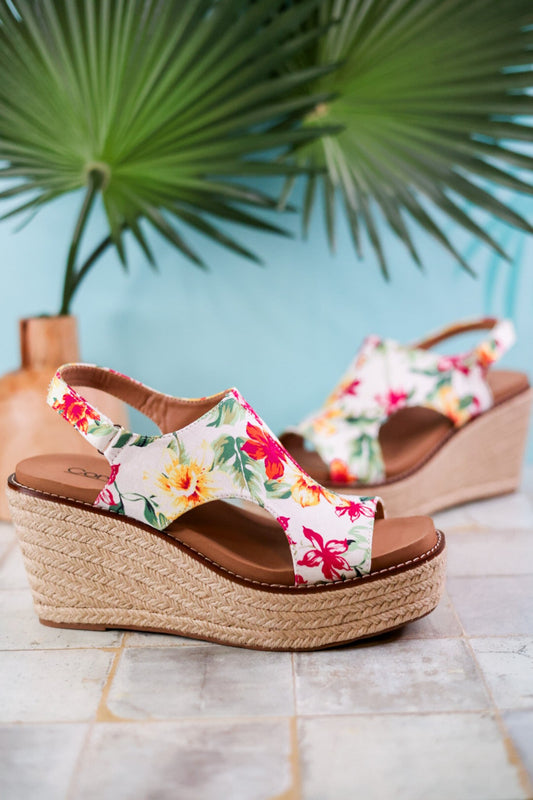 Freddie White Floral Wedge Sandals - Whiskey Skies - CORKYS FOOTWEAR