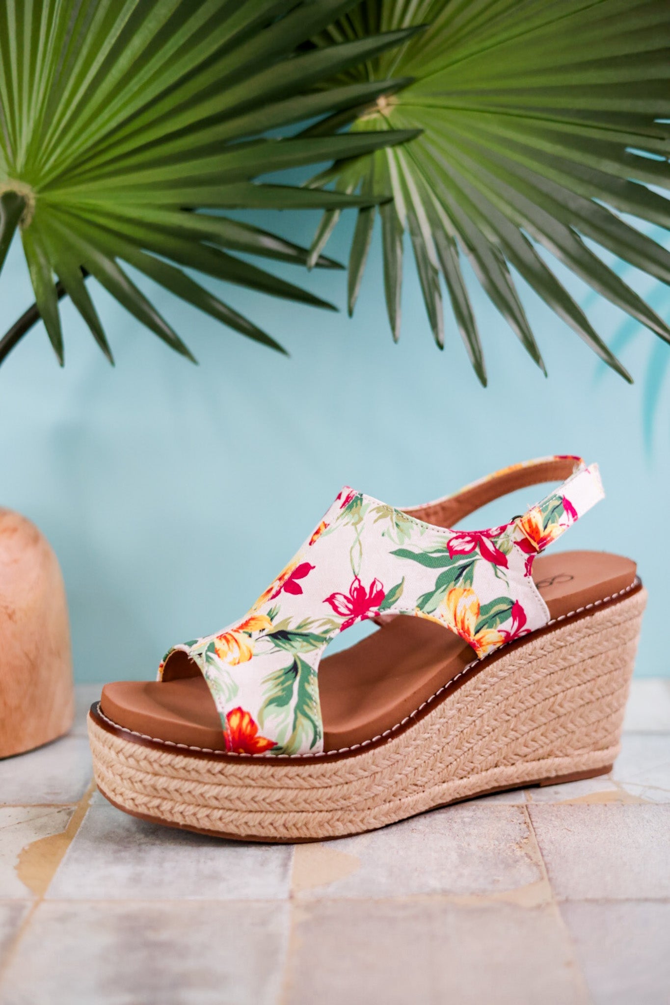 Freddie White Floral Wedge Sandals - Whiskey Skies - CORKYS FOOTWEAR