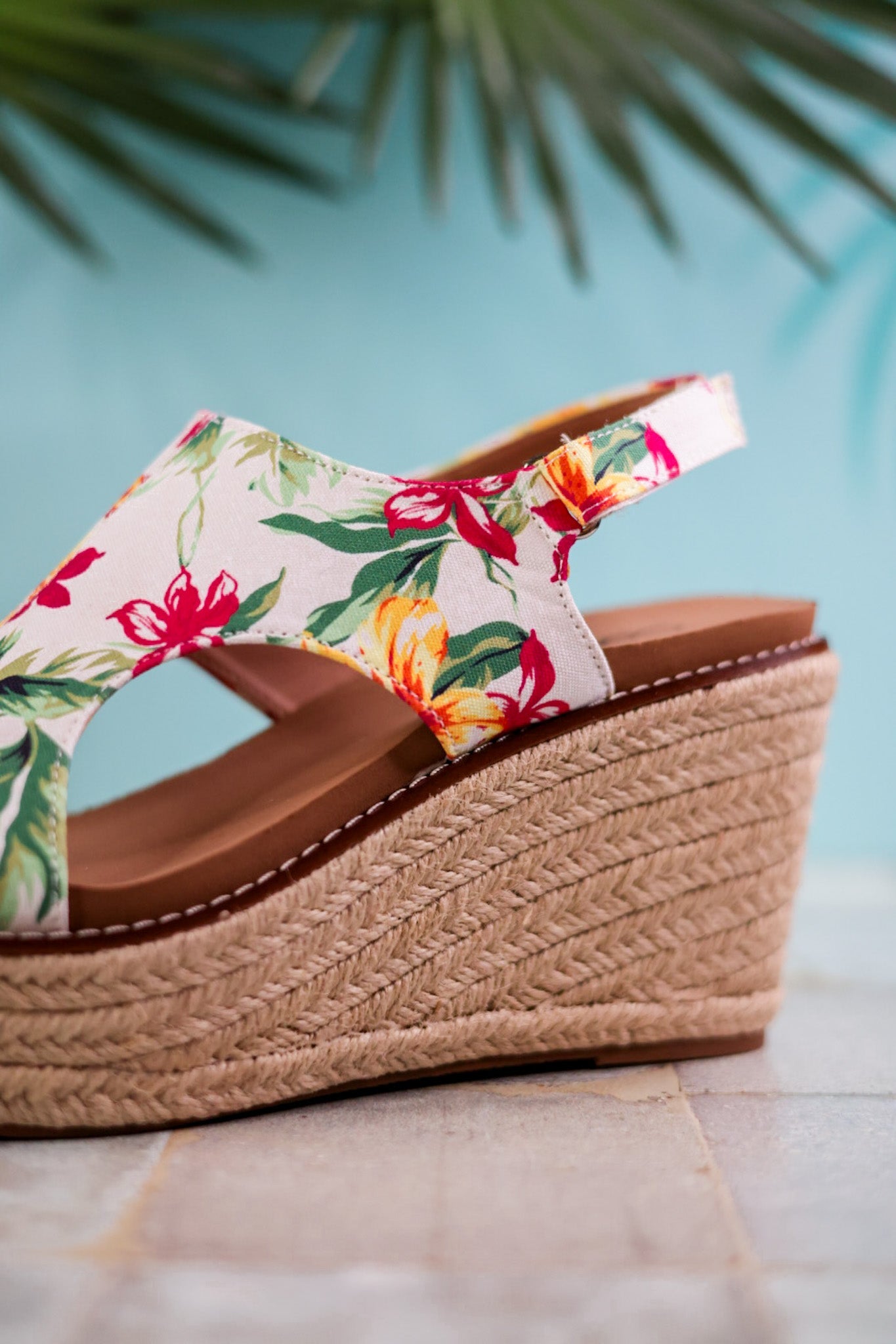 Freddie White Floral Wedge Sandals - Whiskey Skies - CORKYS FOOTWEAR