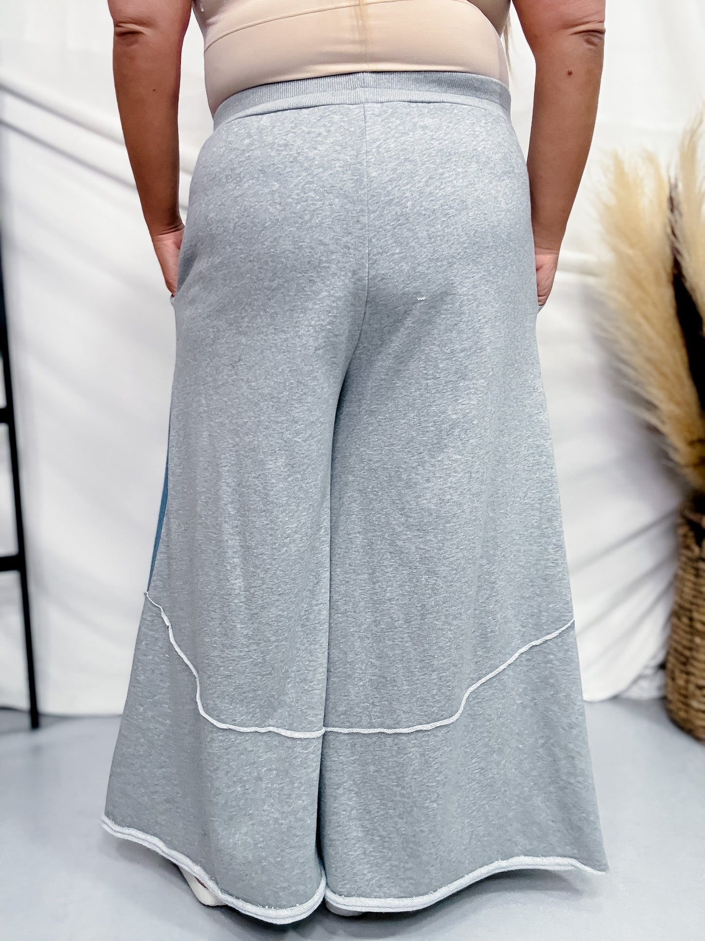 French Terry & Denim Contrast Wide Leg Sweat Pants - Whiskey Skies - ODDI