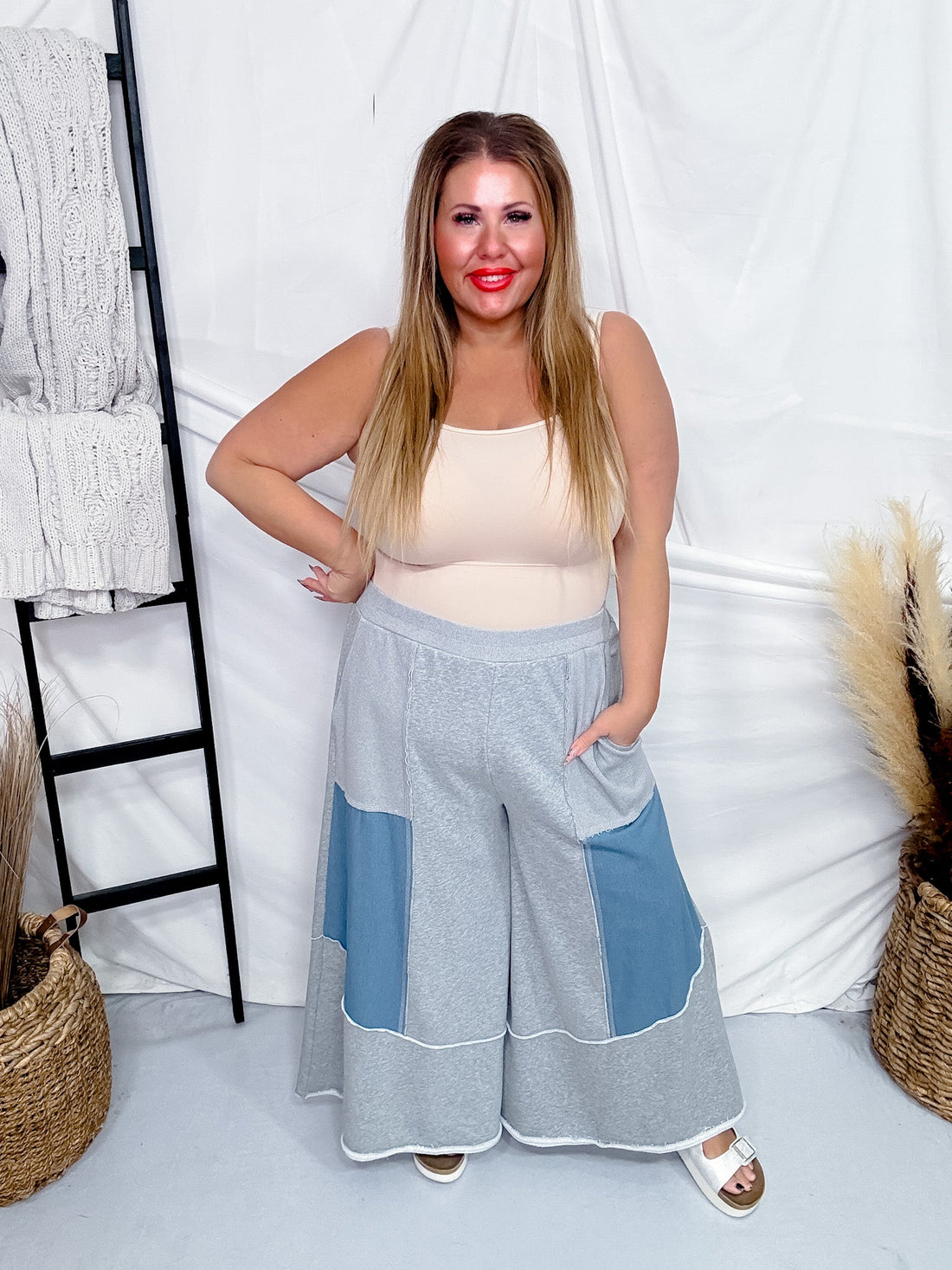 French Terry & Denim Contrast Wide Leg Sweat Pants - Whiskey Skies - ODDI