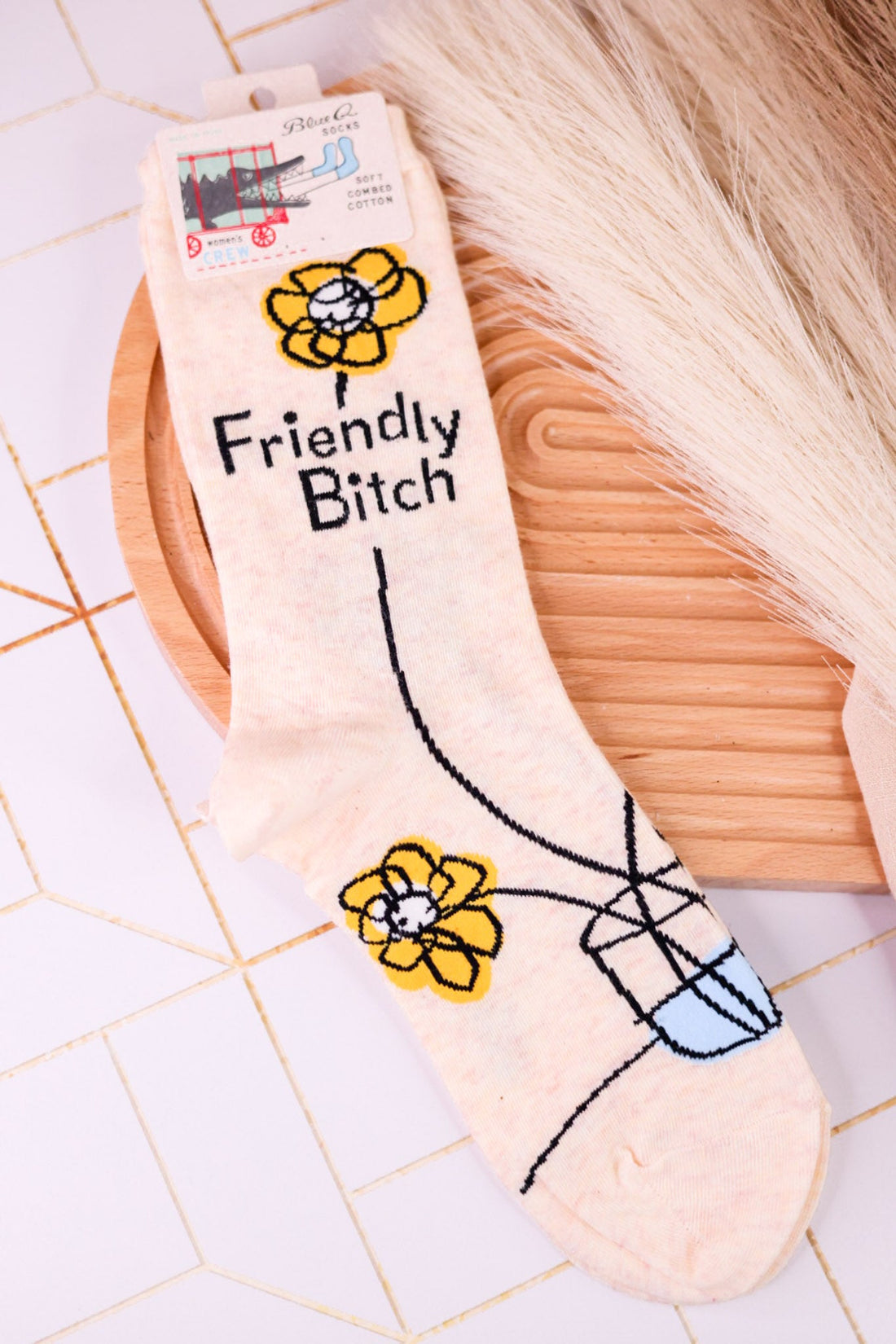 "Friendly Bitch" Women's Crew Socks - Whiskey Skies - BLUE Q