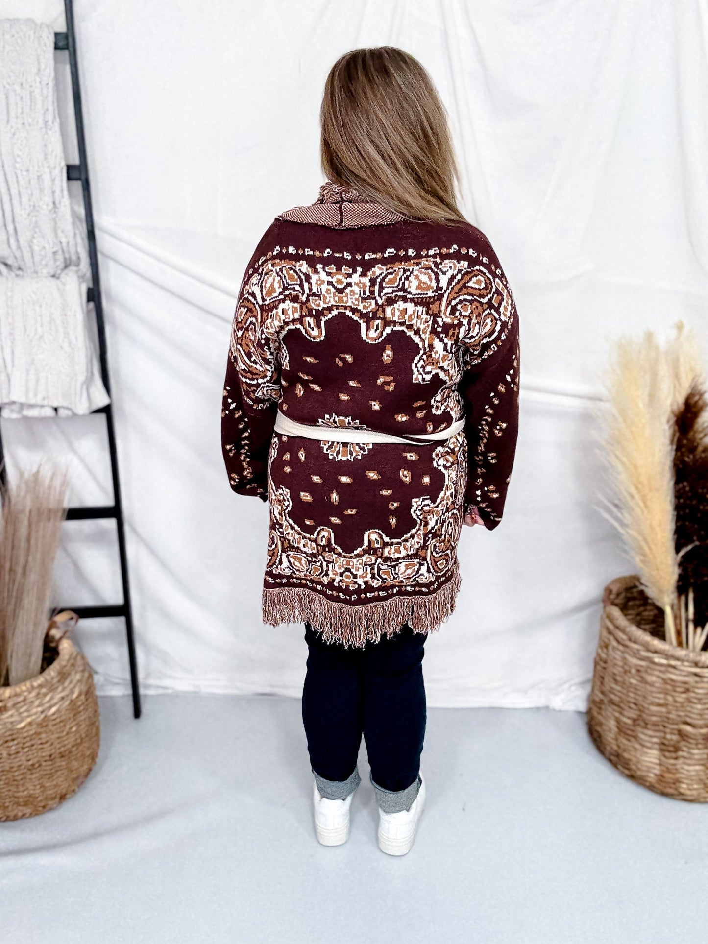 Fringe Trim Jacquard Knit Belted Cardigan - Whiskey Skies - DAVI & DANI