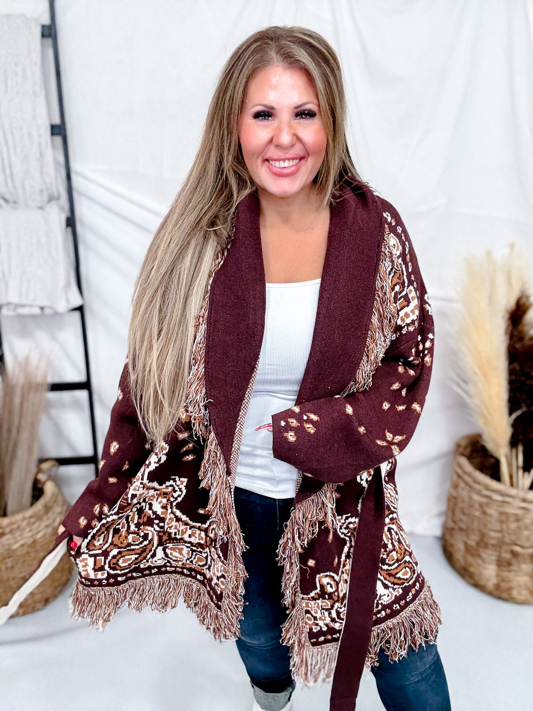 Fringe Trim Jacquard Knit Belted Cardigan - Whiskey Skies - DAVI & DANI