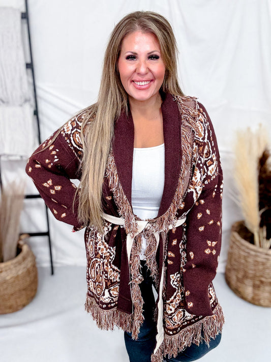 Fringe Trim Jacquard Knit Belted Cardigan - Whiskey Skies - DAVI & DANI