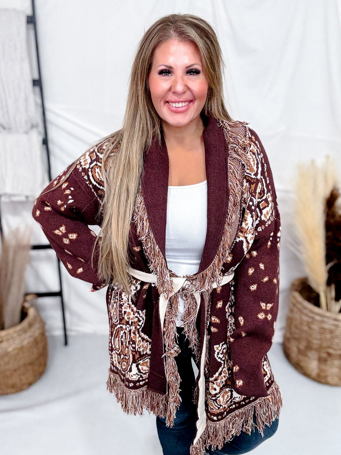 Fringe Trim Jacquard Knit Belted Cardigan - Whiskey Skies - DAVI & DANI