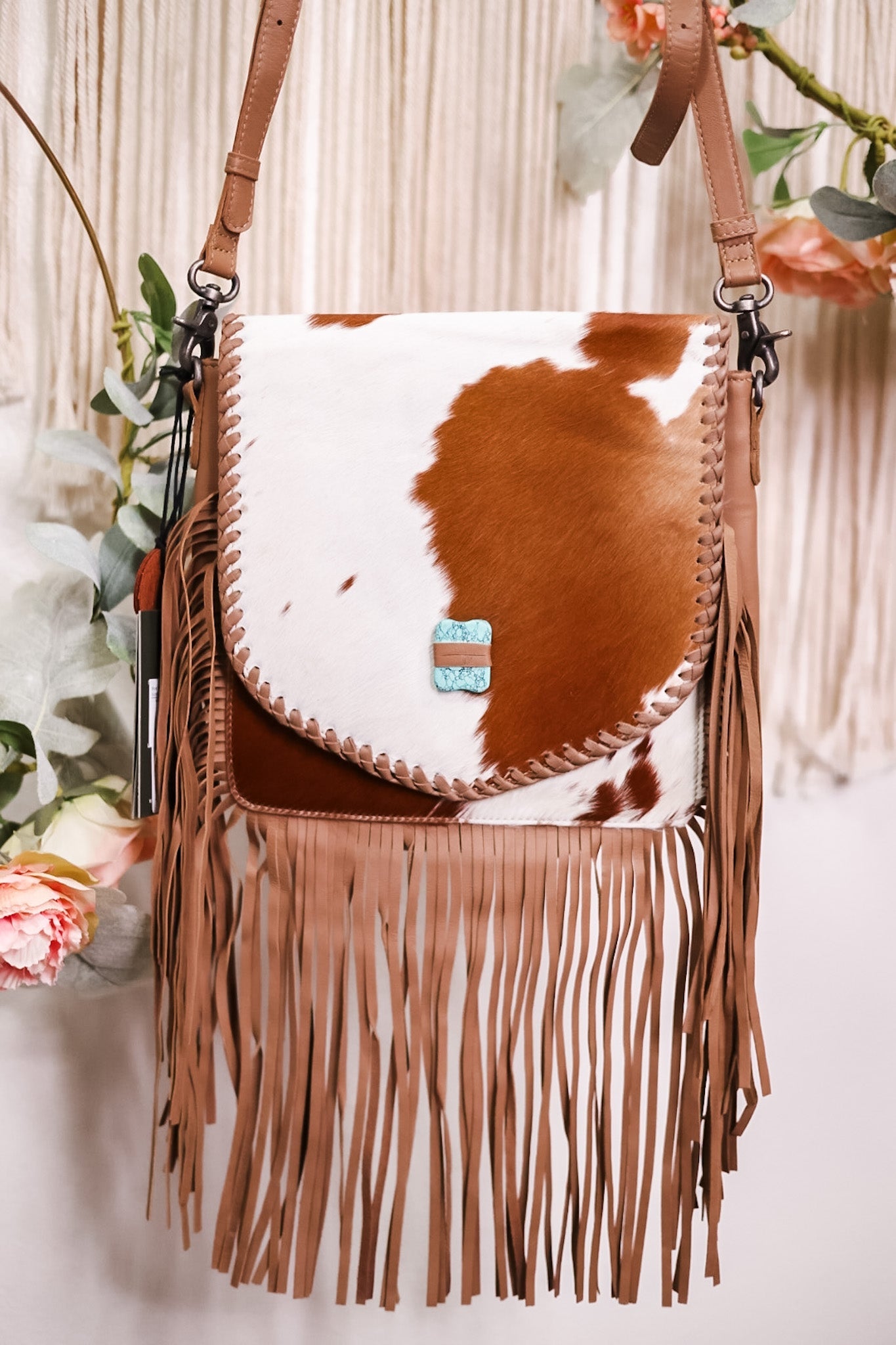 Fringed Leather and Hair On Hide Bag with Turquoise Accent Stone - Whiskey Skies - MYRA BAGS