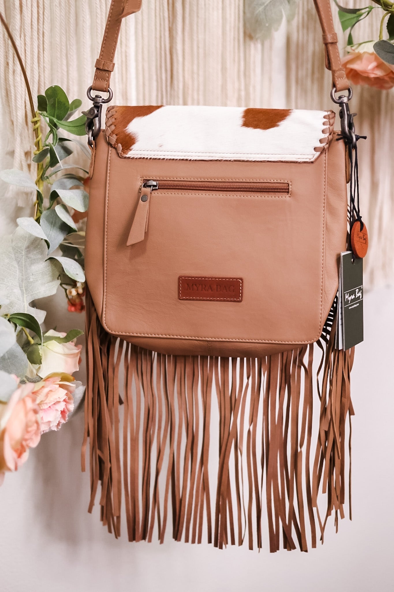 Fringed Leather and Hair On Hide Bag with Turquoise Accent Stone - Whiskey Skies - MYRA BAGS