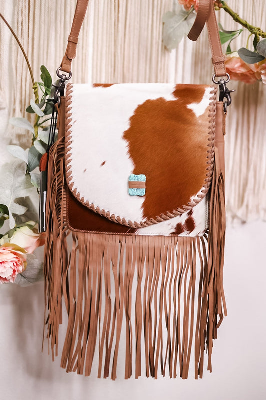 Fringed Leather and Hair On Hide Bag with Turquoise Accent Stone - Whiskey Skies - MYRA BAGS