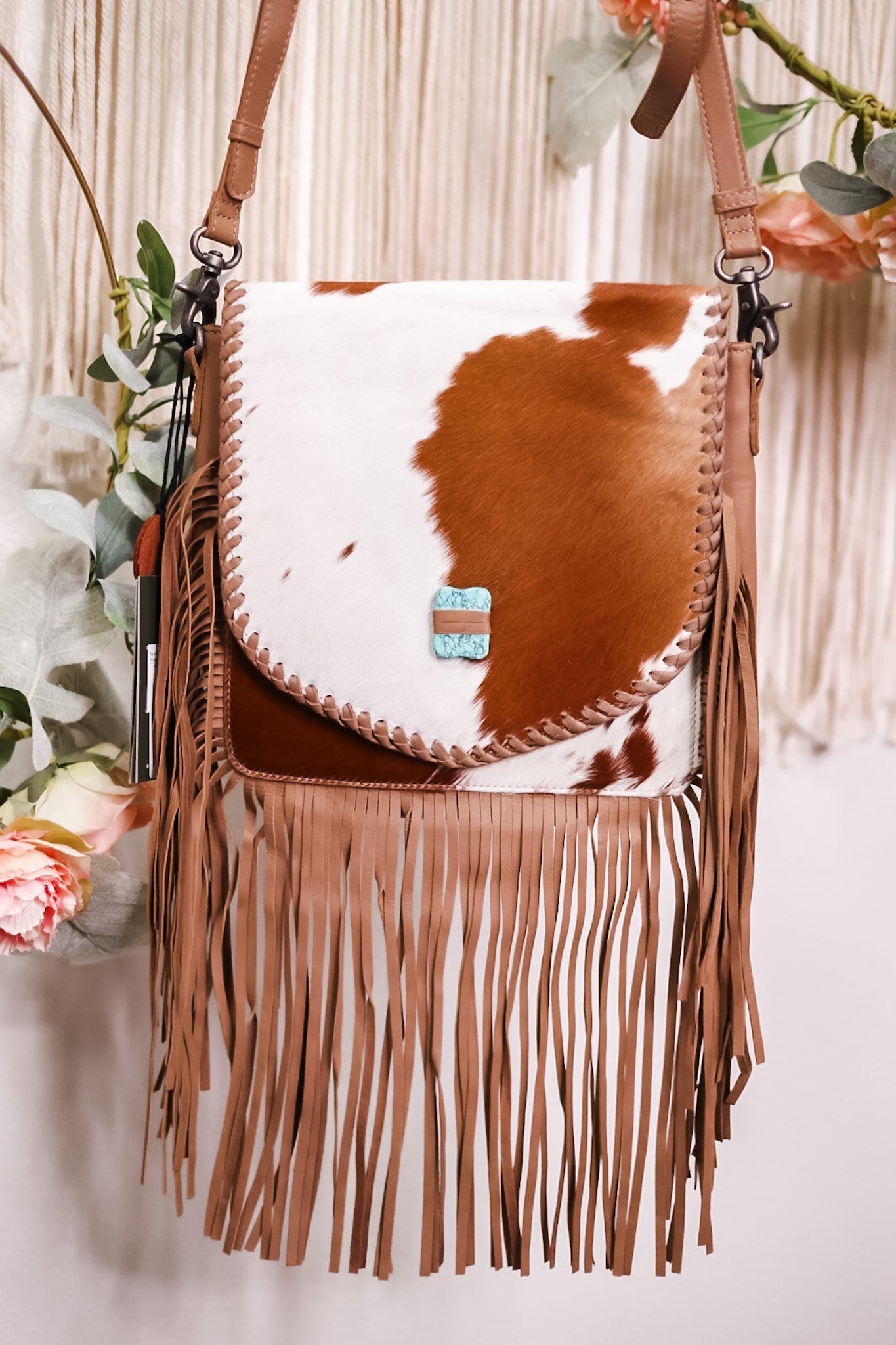 Fringed Leather and Hair On Hide Bag with Turquoise Accent Stone - Whiskey Skies - MYRA BAGS