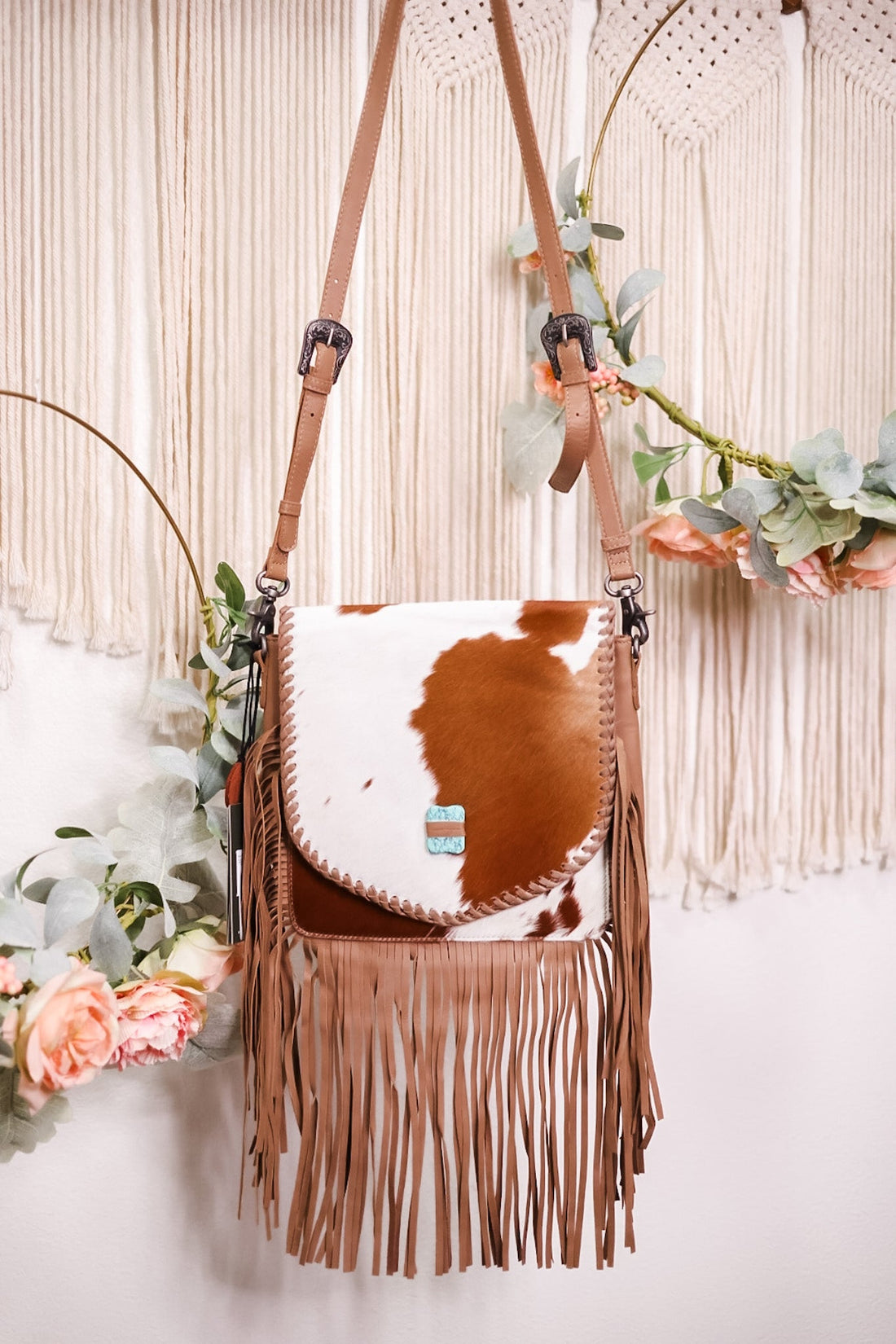 Fringed Leather and Hair On Hide Bag with Turquoise Accent Stone - Whiskey Skies - MYRA BAGS