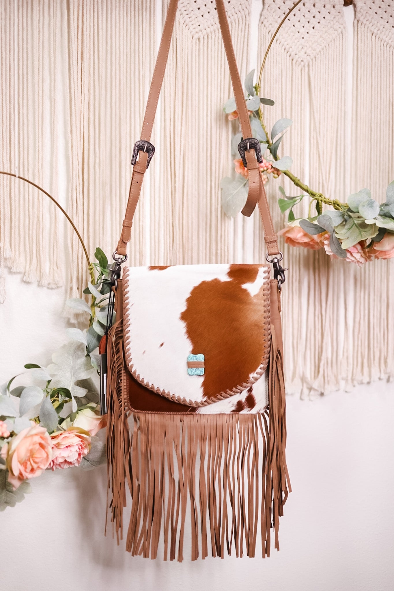 Fringed Leather and Hair On Hide Bag with Turquoise Accent Stone - Whiskey Skies - MYRA BAGS