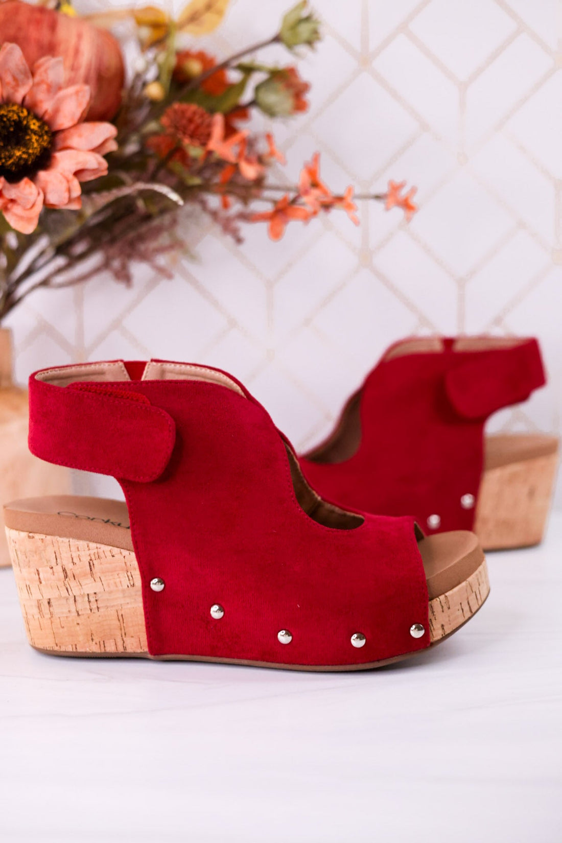 Frisky Dark Red Wedges - Whiskey Skies - CORKYS FOOTWEAR