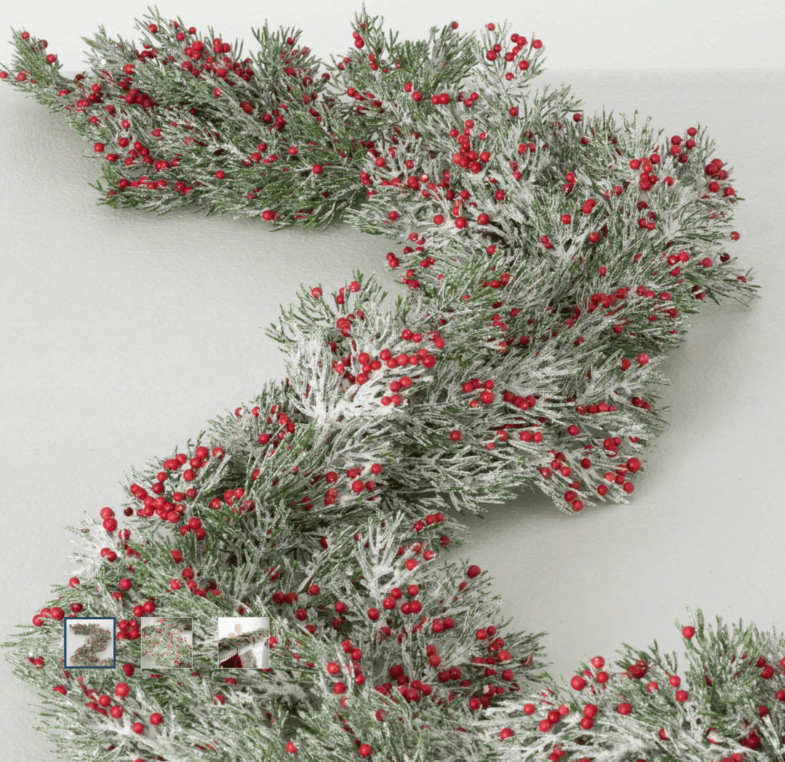 Frosted Cedar and Red Berries 5' Garland - Whiskey Skies - SULLIVANS